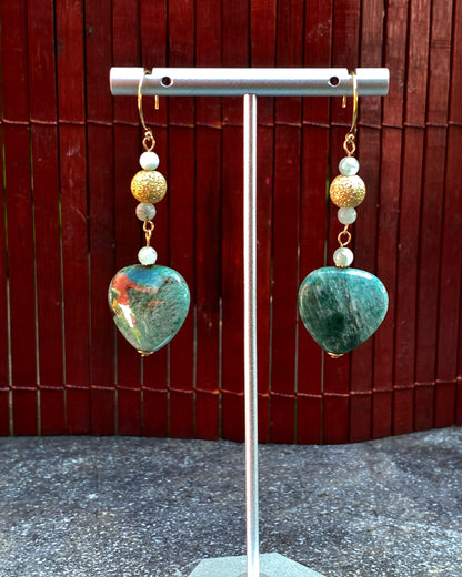 Green Jasper Heart Earrings with Moonstones