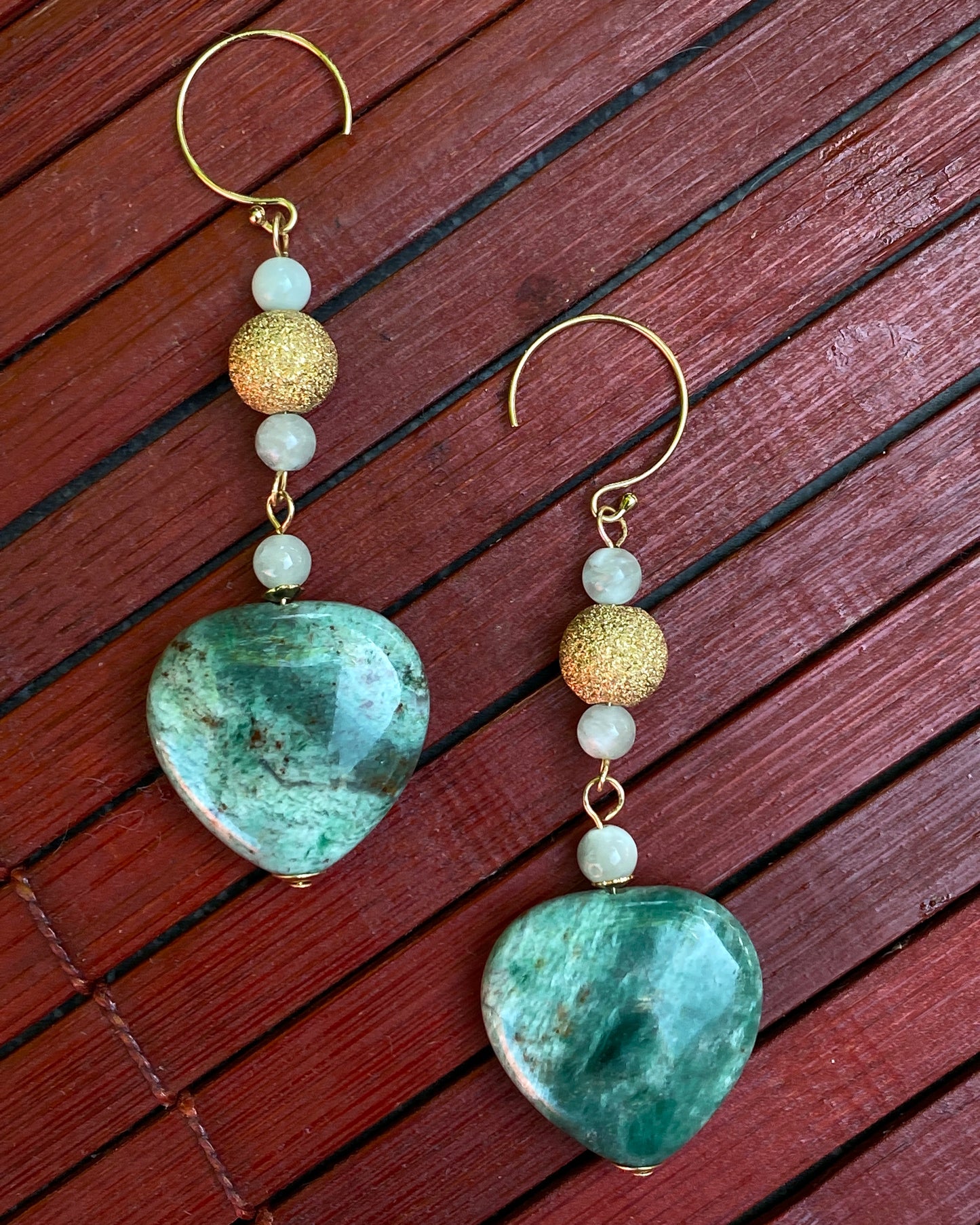 Green Jasper Heart Earrings with Moonstones