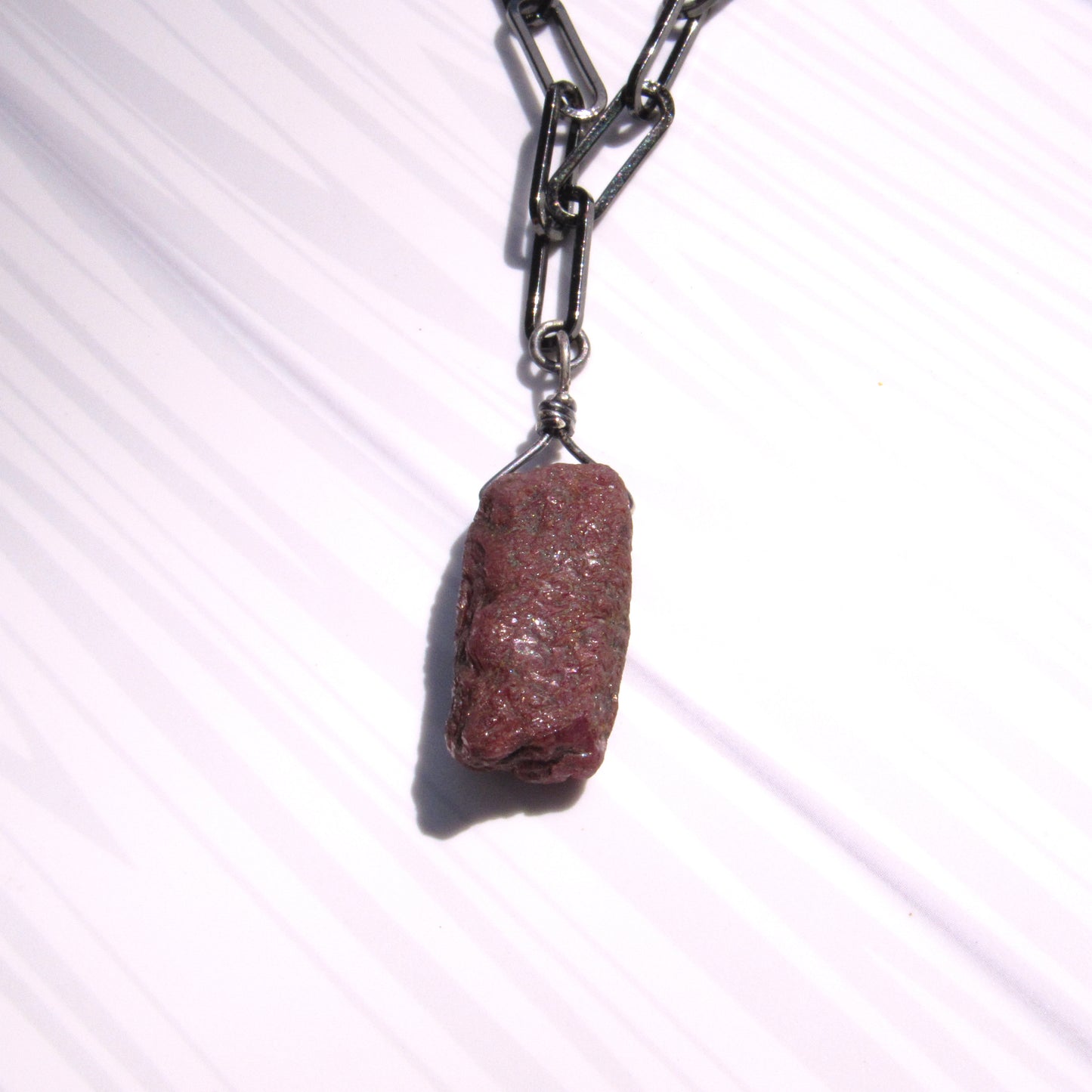 Raw Ruby gemstone Necklace on Black Gold fill Chain