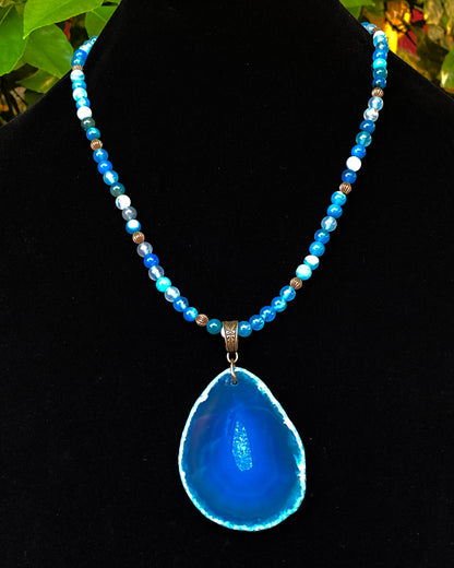 Blue Agate gemstone Slice Beaded Necklace