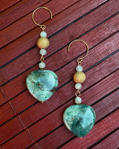 Green Jasper Heart Earrings with Moonstones