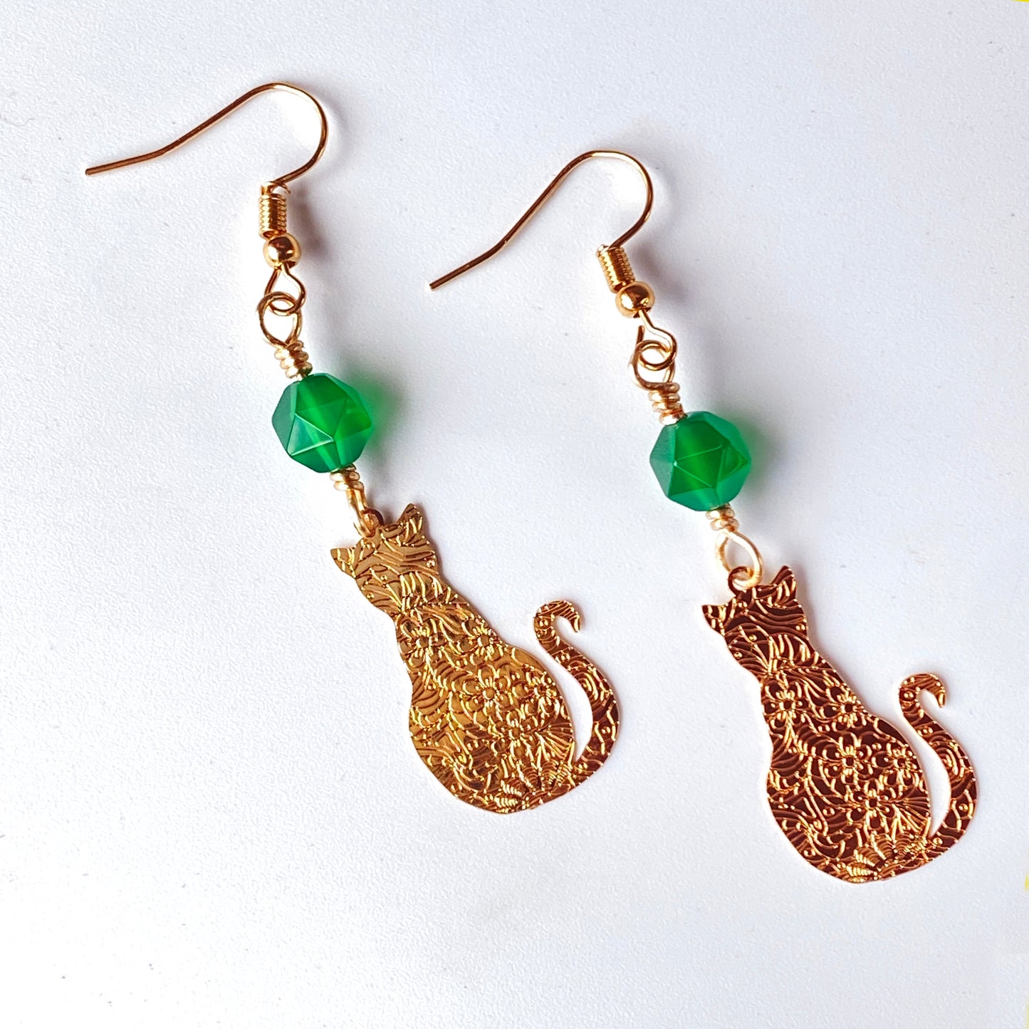 Green Agate Kitty Cat Earrings