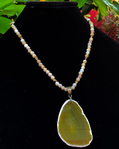 Yellow Agate Slice Beaded Necklace