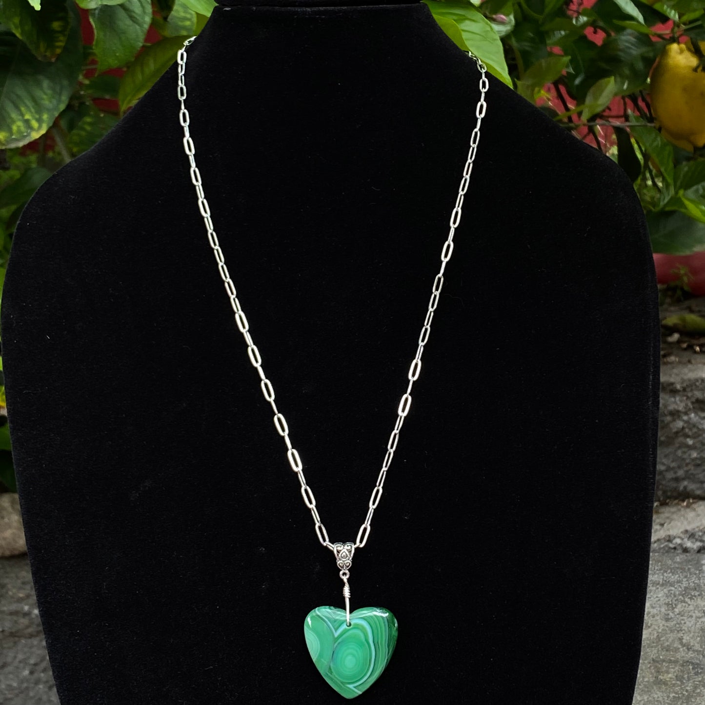 Green Banded Agate Heart Necklace