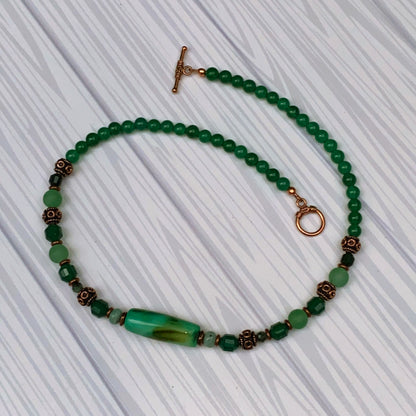 Green agate and Emerald gemstone Necklace with copper accents