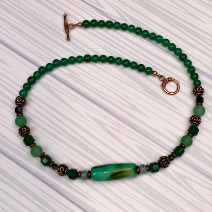 Green agate and Emerald gemstone Necklace with copper accents