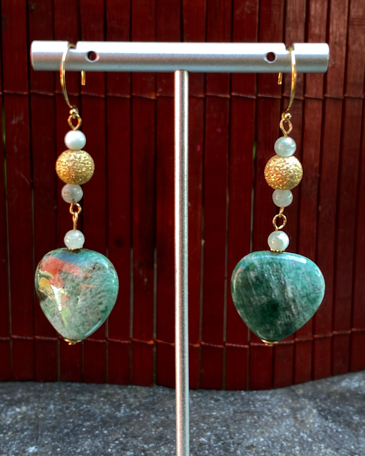 Green Jasper Heart Earrings with Moonstones