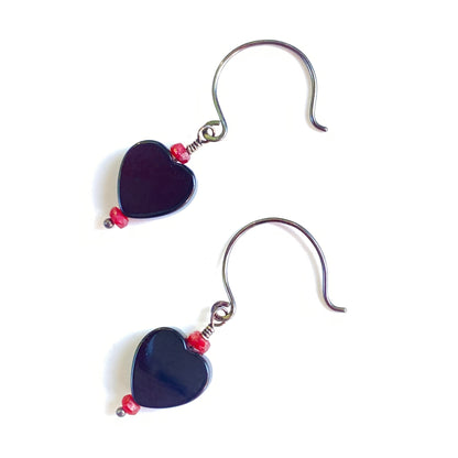 Onyx Heart Earrings With Rubies