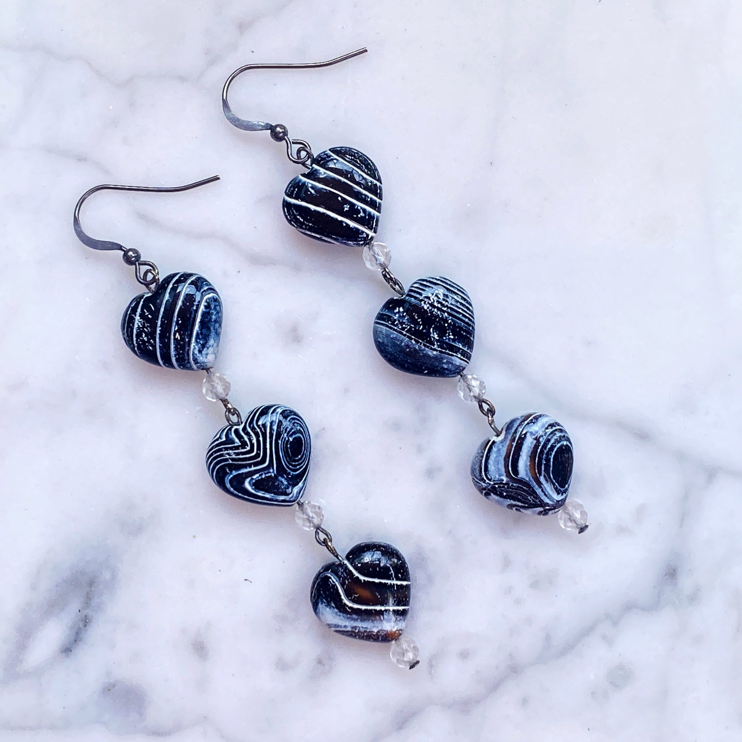 Zebra Fire Agate Heart, White Topaz Gemstones and Oxidized sterling earrings