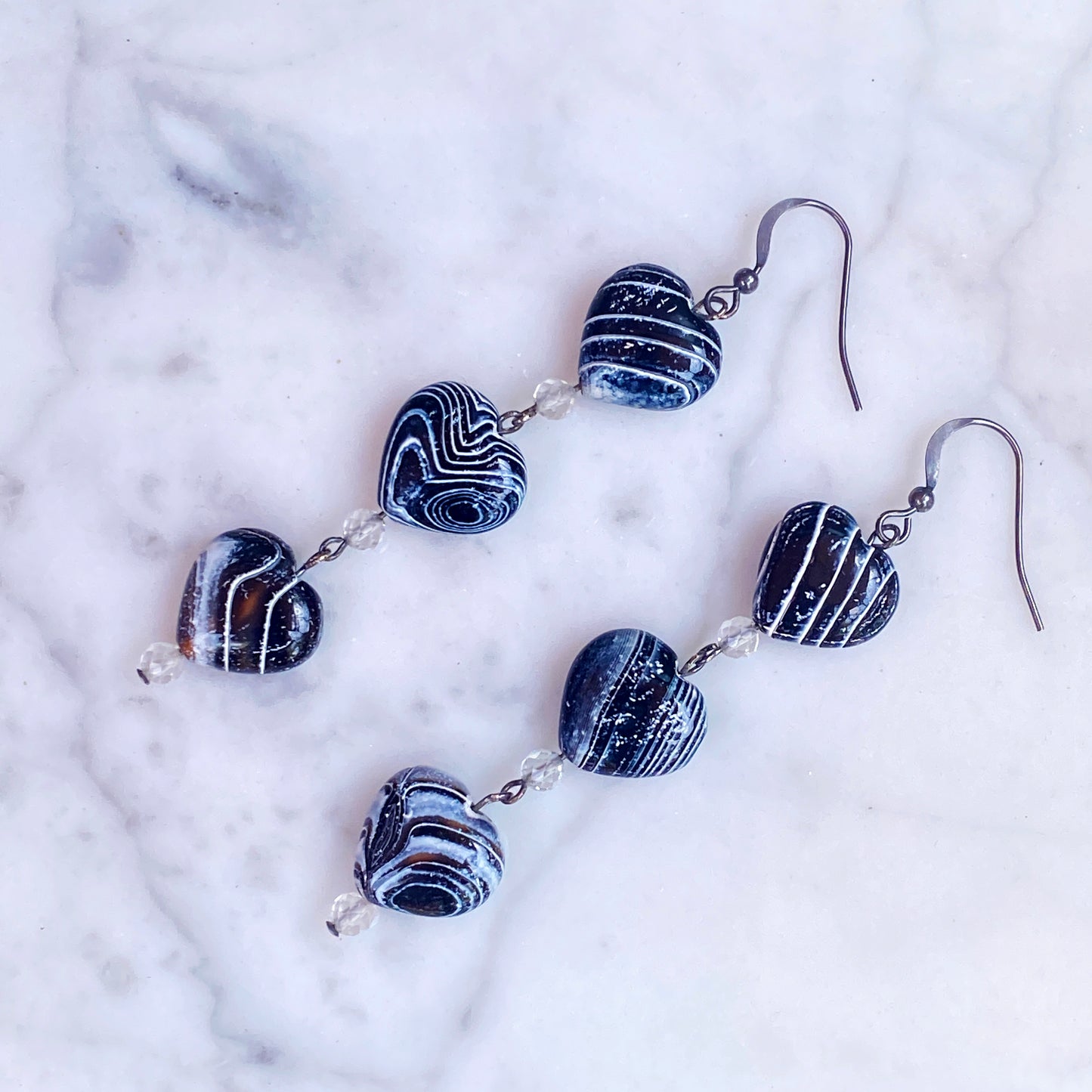 Zebra Fire Agate Heart, White Topaz Gemstones and Oxidized sterling earrings