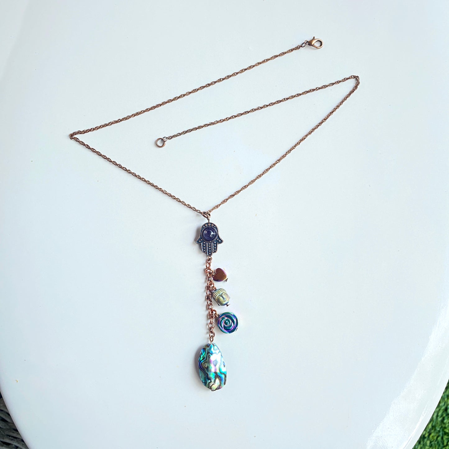 Women's Copper Chain with Abalone, Hematite Gemstone with Amethyst Hamsa Charm necklace