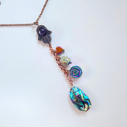 Women's Copper Chain with Abalone, Hematite Gemstone with Amethyst Hamsa Charm necklace