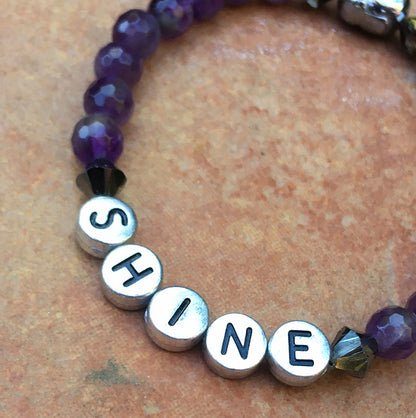 Women's "SHINE" Bracelet with Amethyst, Swarovski, and Hematite Buddha Gemstones