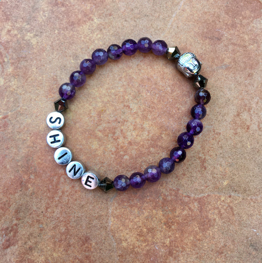 Women's "SHINE" Bracelet with Amethyst, Swarovski, and Hematite Buddha Gemstones