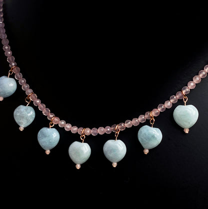 Aquamarine Hearts and Rose Quartz Gemstone with 14 kt rose gold fill Necklace