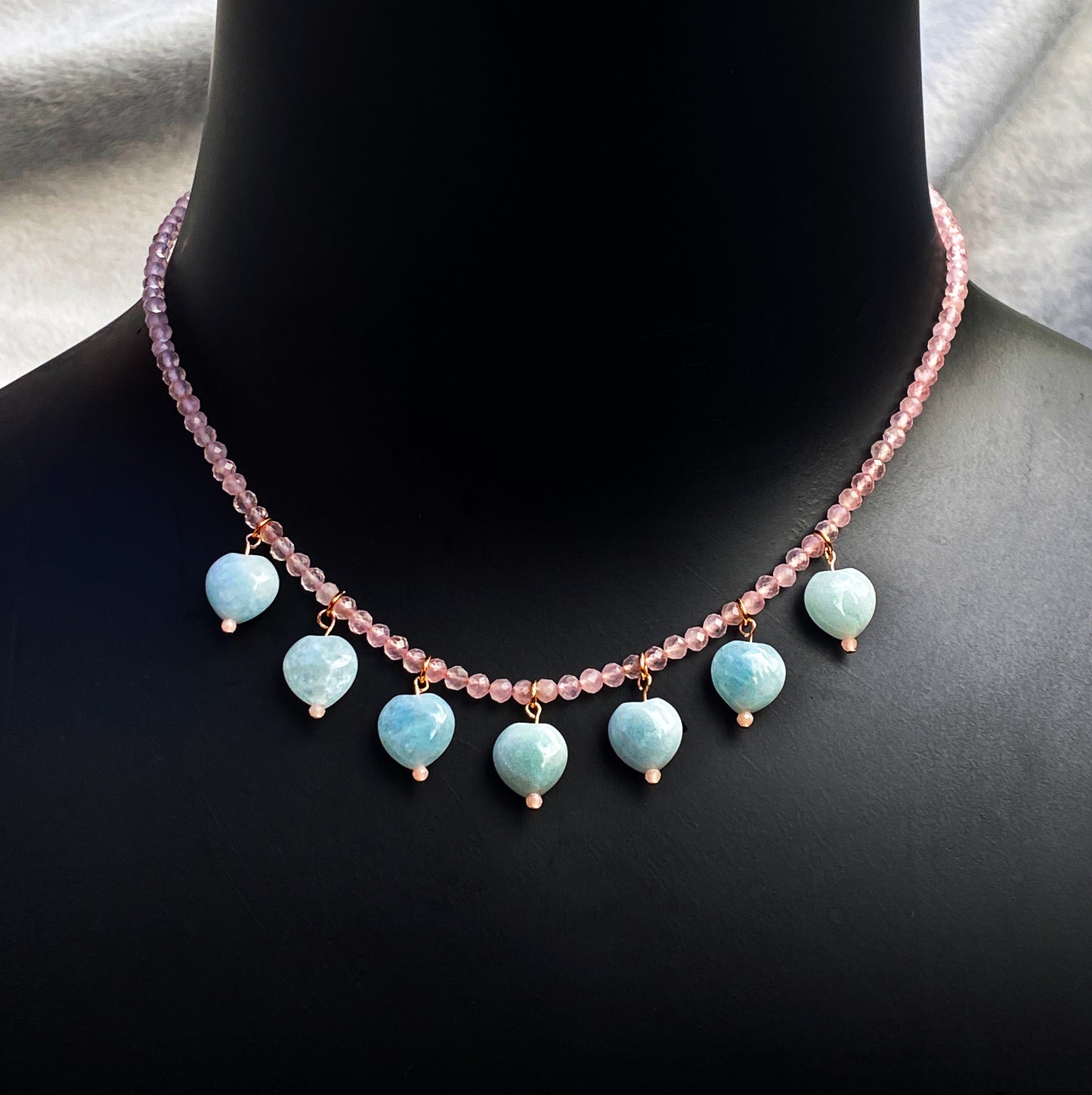 Aquamarine Hearts and Rose Quartz Gemstone with 14 kt rose gold fill Necklace