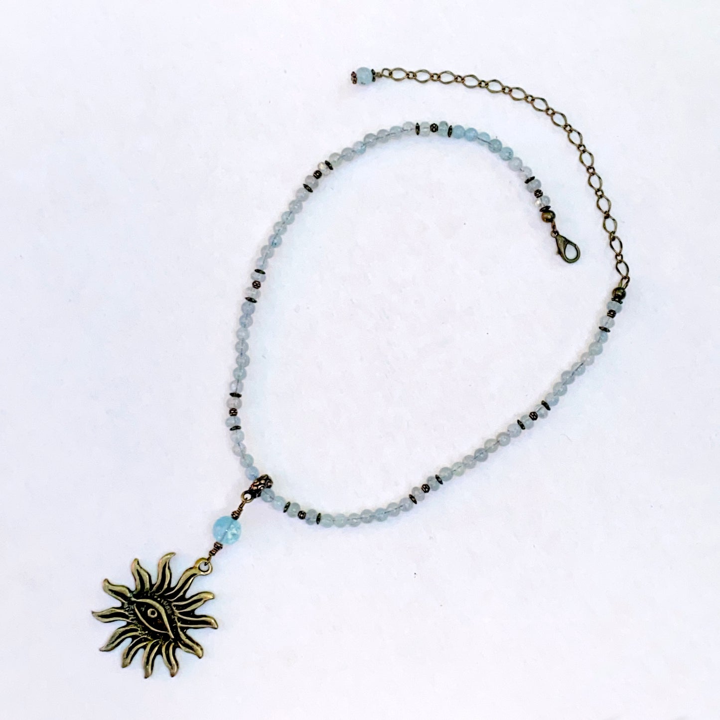 Aquamarine gemstone with Brass Evileye Sun pendant Necklace