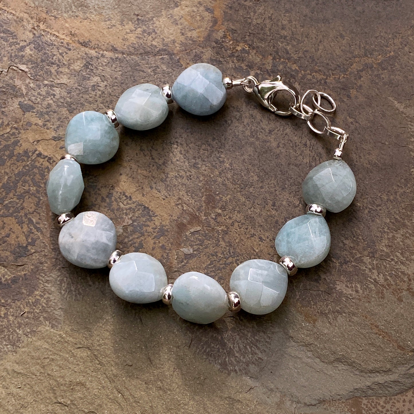 Women's Aquamarine hearts and sterling Silver lobster Clasp Bracelet