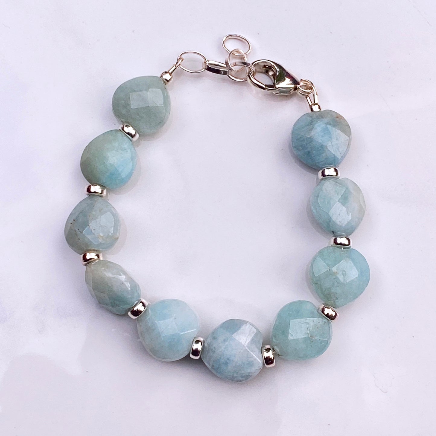 Women's Aquamarine hearts and sterling Silver lobster Clasp Bracelet