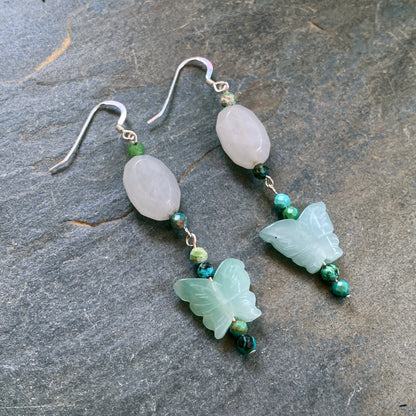 Aventurine Butterfly and Quartz Gemstone Earrings