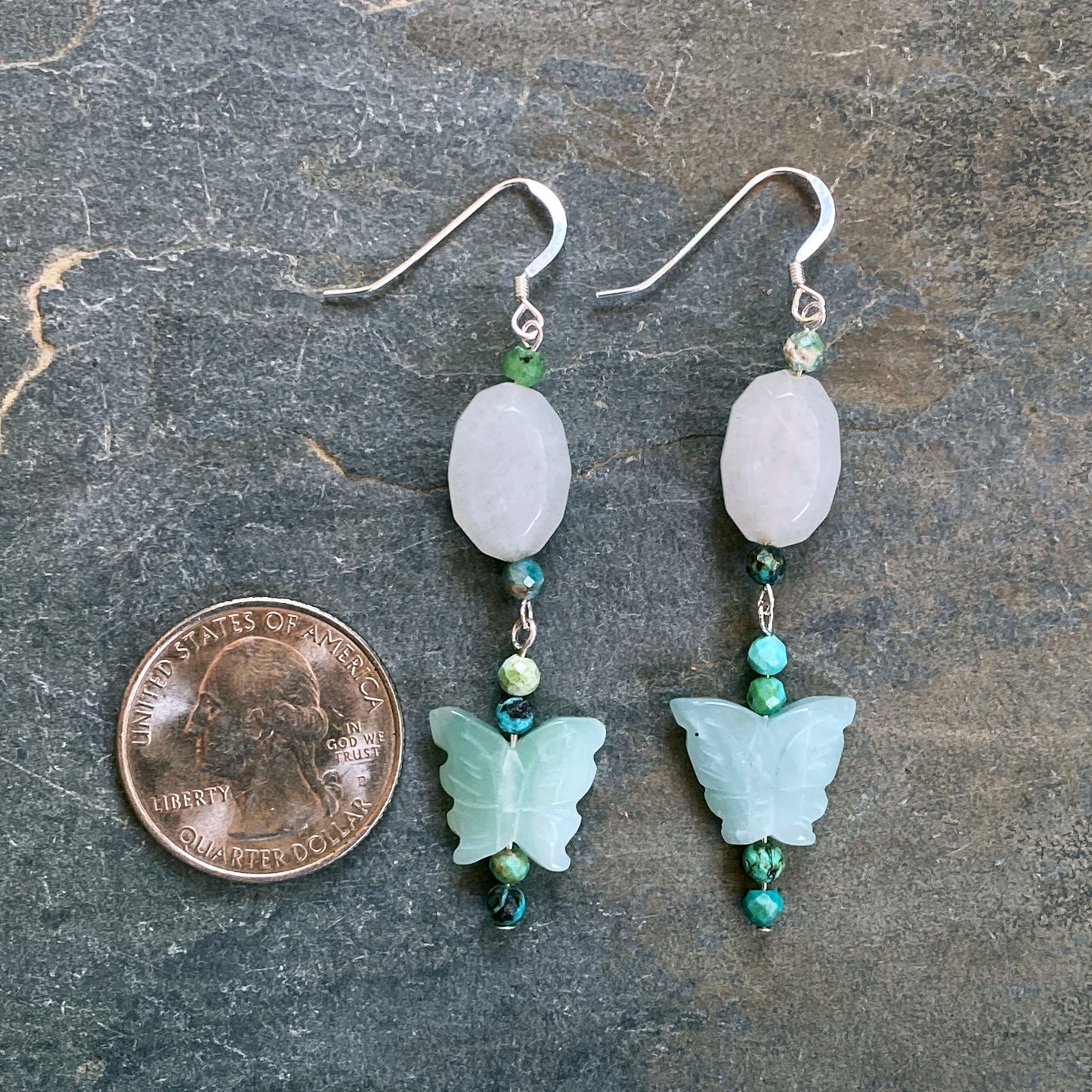 Aventurine Butterfly and Quartz Gemstone Earrings