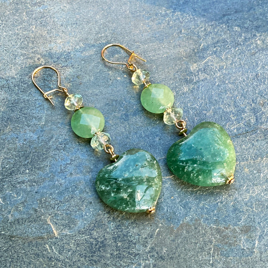 Aventurine Hearts and Fluorite gemstone Earrings