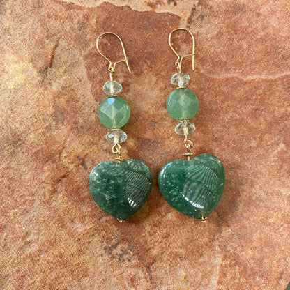 Aventurine Hearts and Fluorite gemstone Earrings