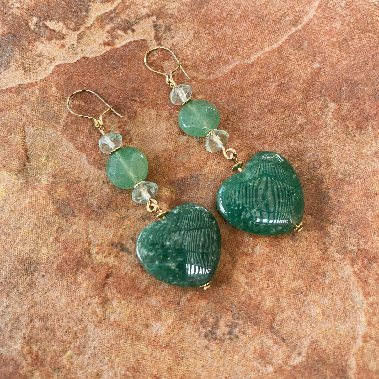 Aventurine Hearts and Fluorite gemstone Earrings