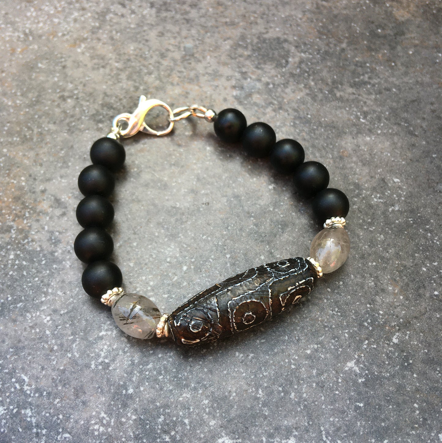 Men's Tibetan Agate, Rutilated Quartz  matte Onyx and sterling silver bracelet