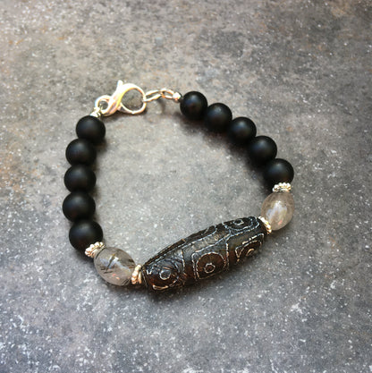 Men's Tibetan Agate, Rutilated Quartz  matte Onyx and sterling silver bracelet