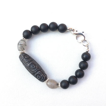 Men's Tibetan Agate, Rutilated Quartz  matte Onyx and sterling silver bracelet