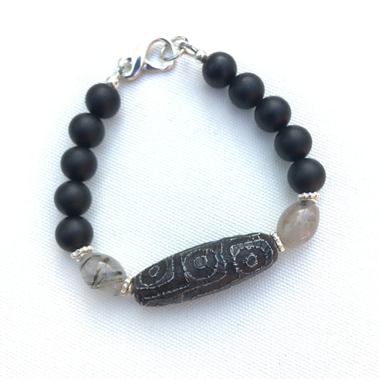 Men's Tibetan Agate, Rutilated Quartz  matte Onyx and sterling silver bracelet