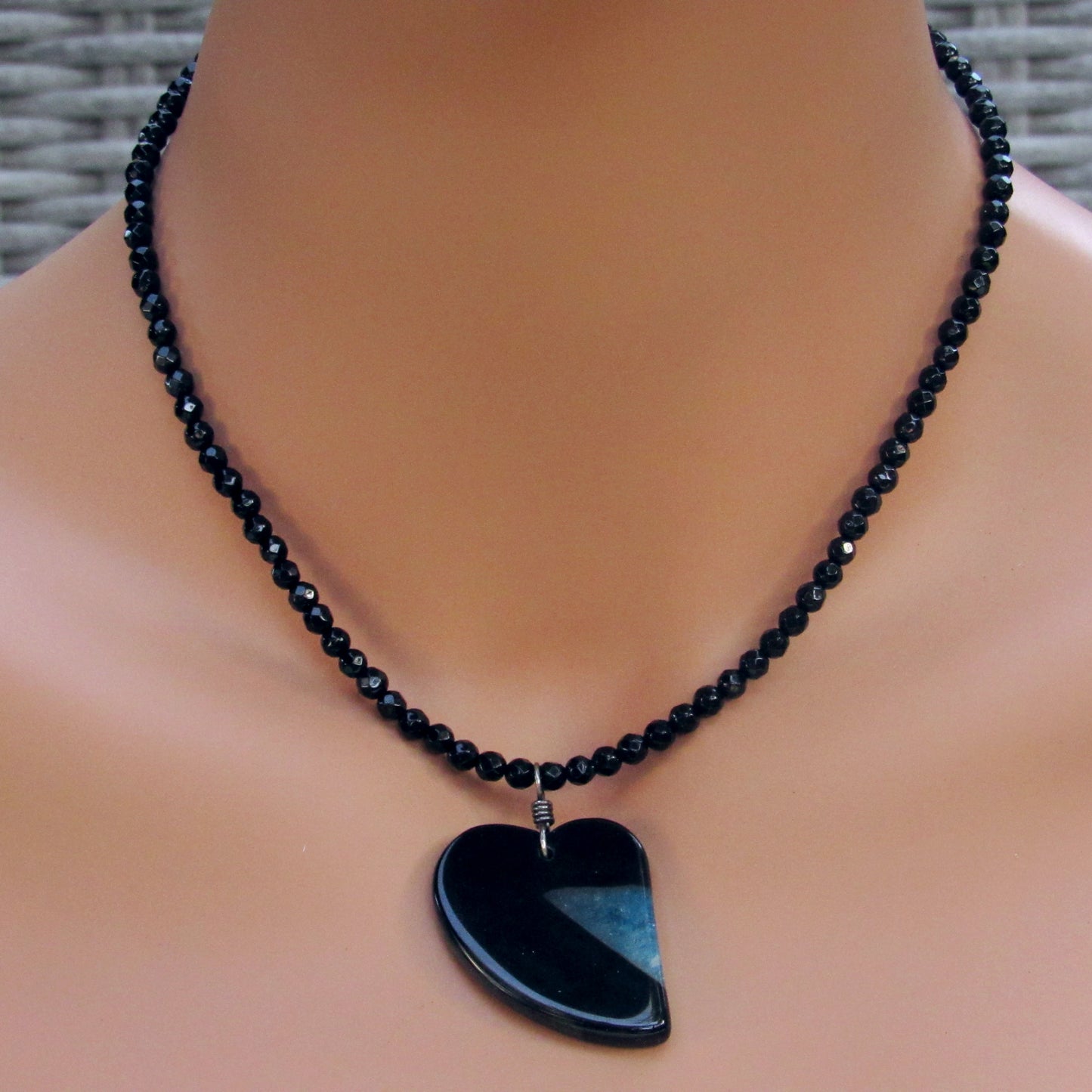 Druzy Agate gemstone Heart on Onyx Necklace