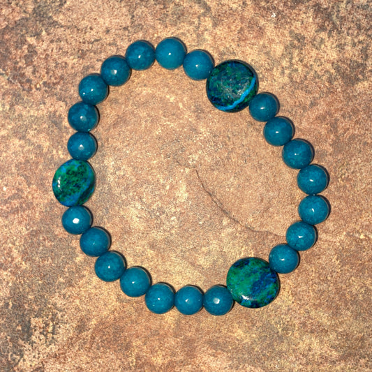 Men's Angelite & Chrysocolla  semiprecious gemstone stretch bracelet