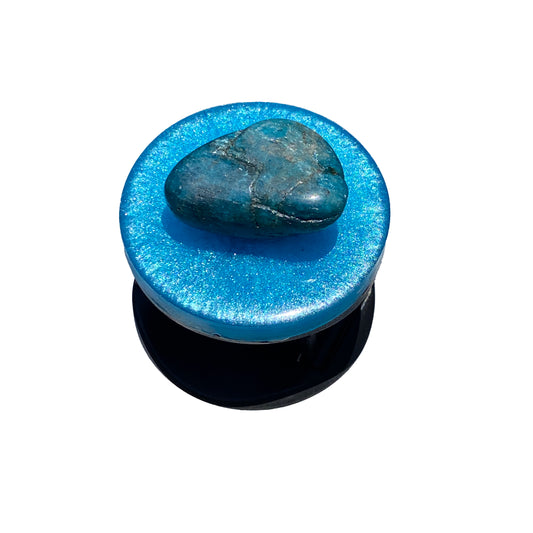 Blue Poured Resin Phone holder with Apatite Gemstone