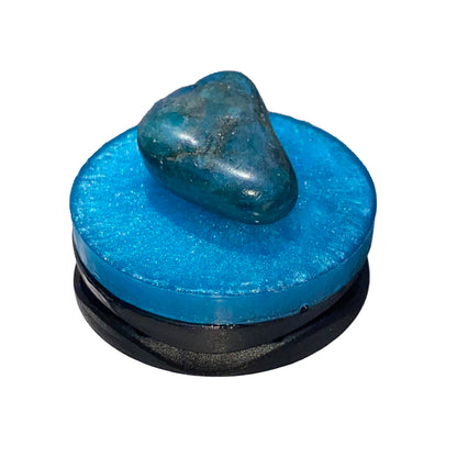 Blue Poured Resin Phone holder with Apatite Gemstone