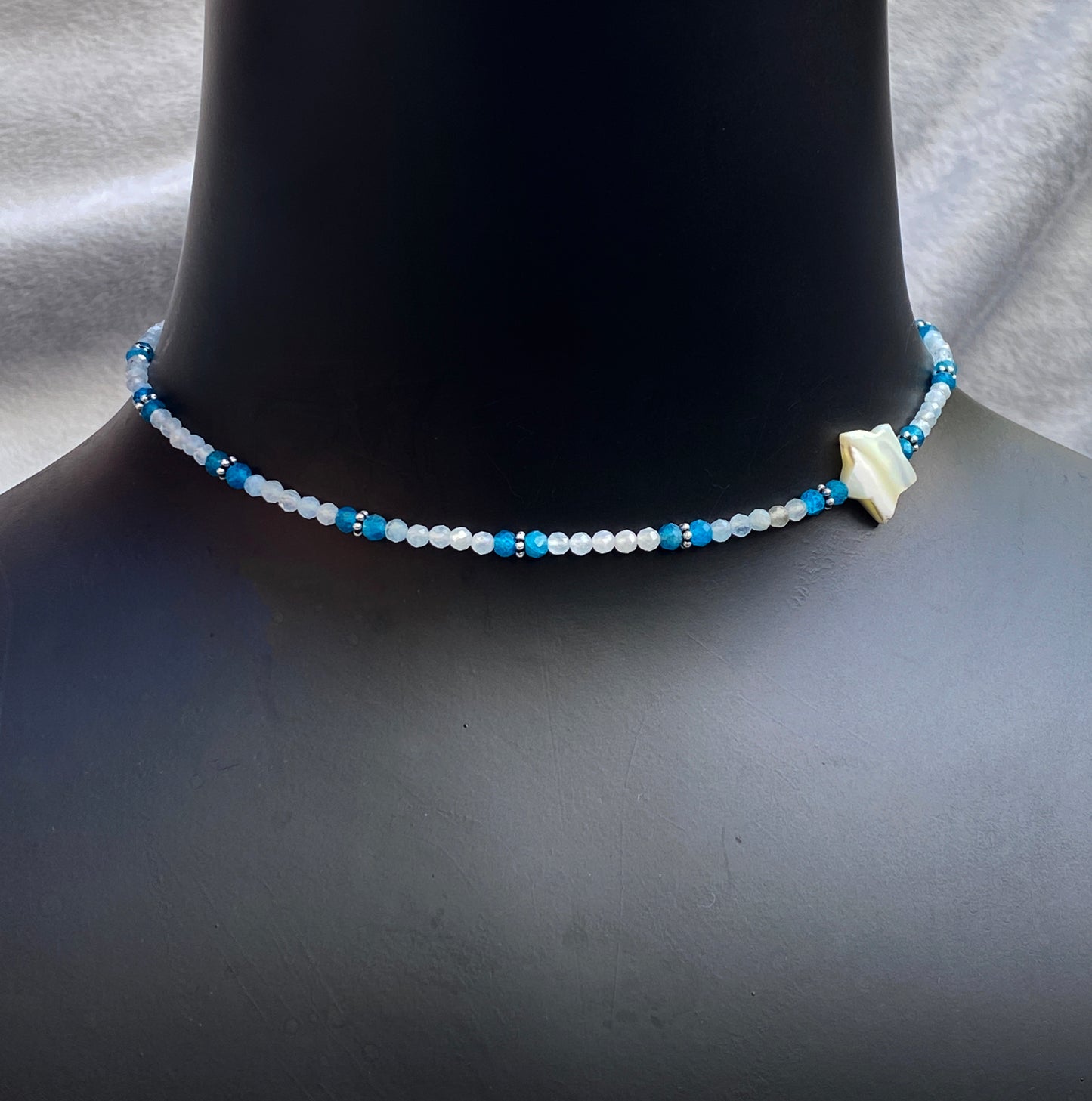 Women's Mother of Pearl Star Choker with Apatite, Aquamarine & sterling silver