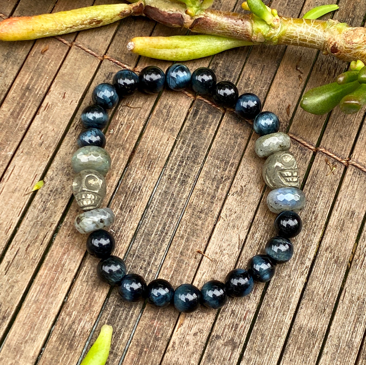 Men's Blue Tiger Eye Gemstone Bracelet with Labradorite and Pyrite Skulls