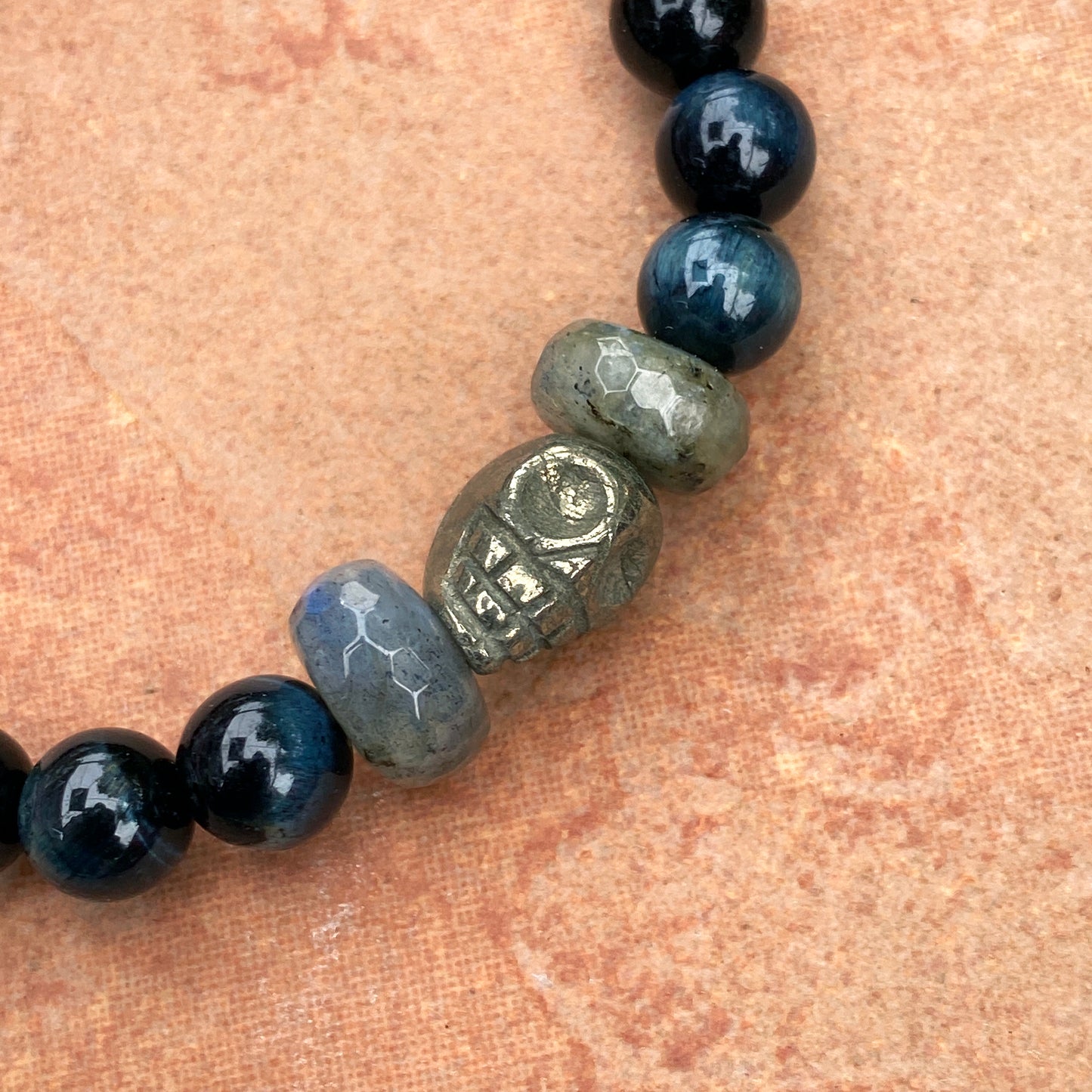 Men's Blue Tiger Eye Gemstone Bracelet with Labradorite and Pyrite Skulls