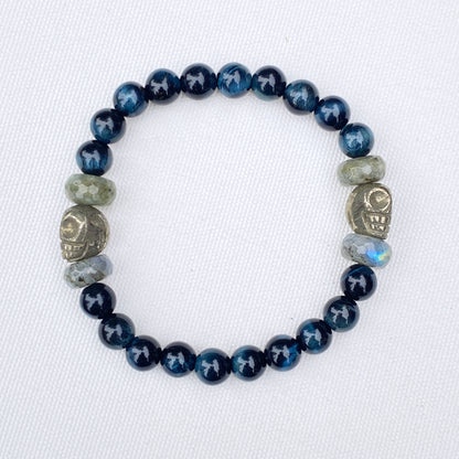 Men's Blue Tiger Eye Gemstone Bracelet with Labradorite and Pyrite Skulls