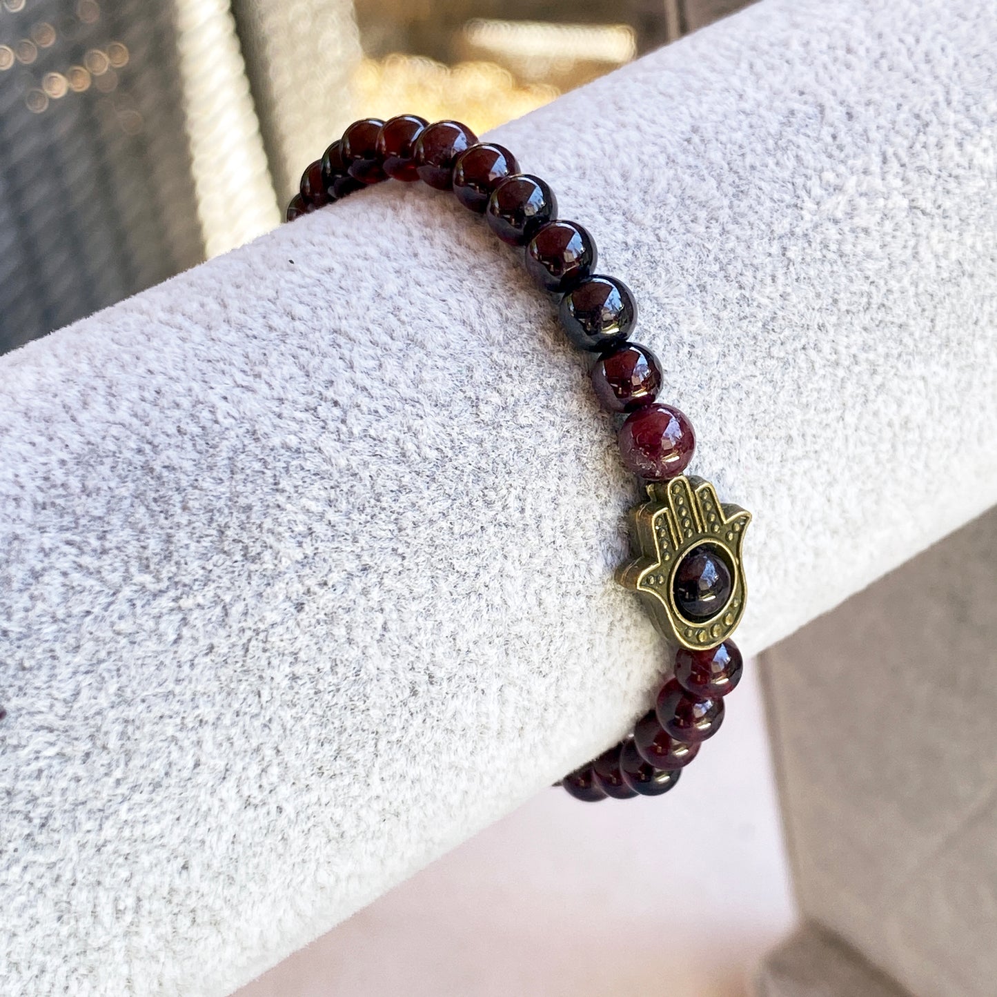 Brass Hamsa on Gemstone stretch bracelet