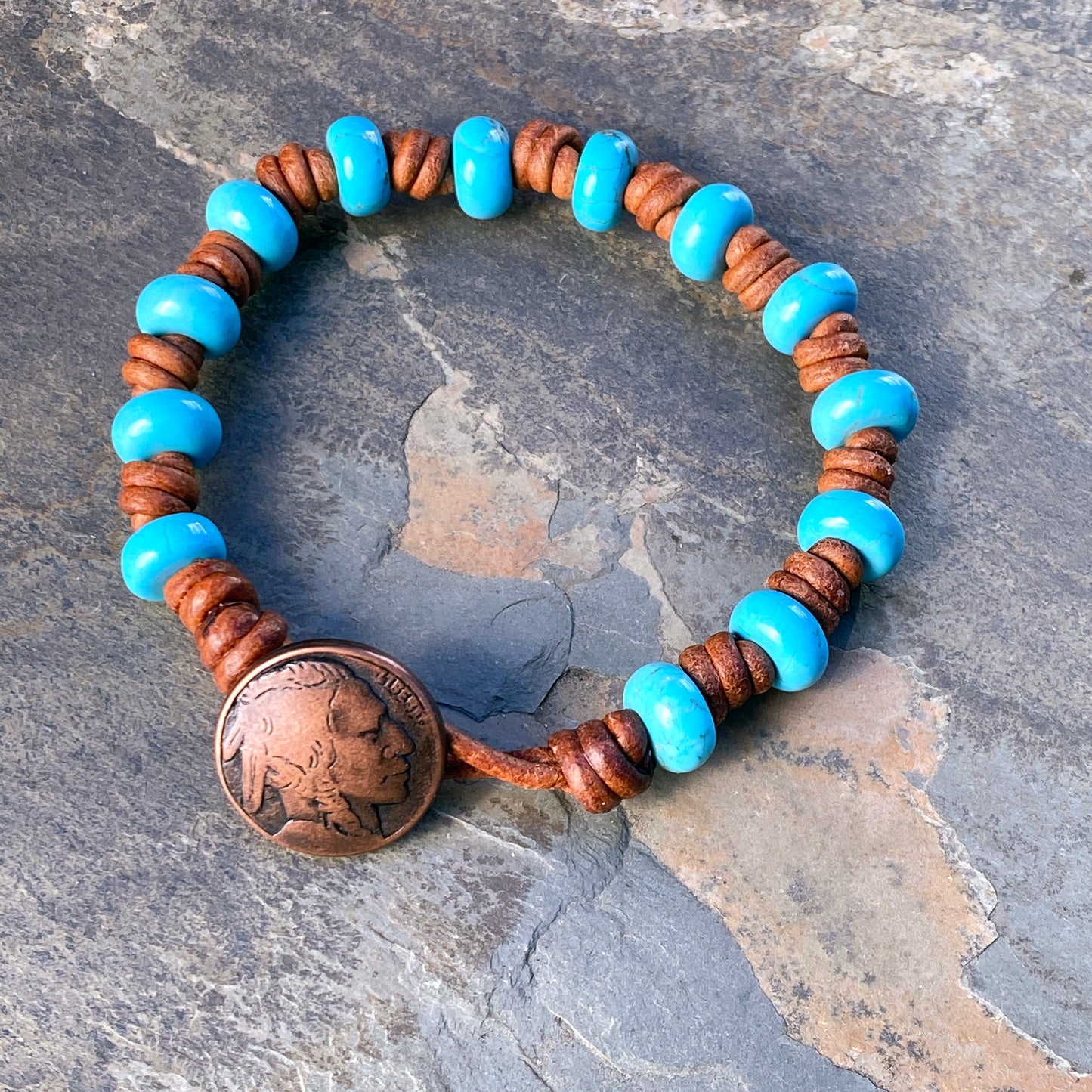 Hand knotted Leather Gemstone Bracelets with Replica of Indian Head Nickel