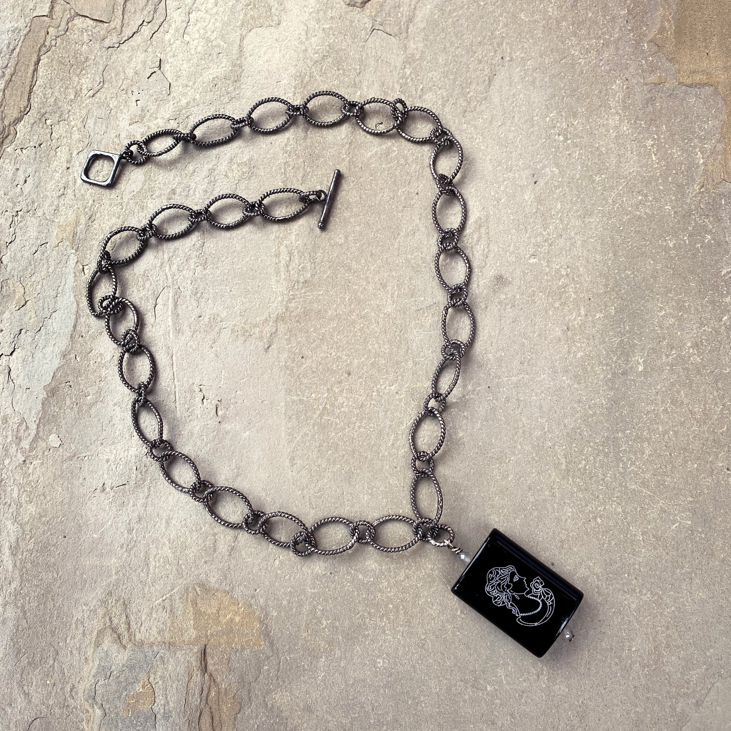 Oxidized Sterling Silver Chain with painted Onyx Cameo with Labradorite Gemstone Pendant necklace