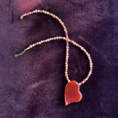 Carnelian Heart, Rhodochrosite, Lepidolite, and 14 Kt Rose Gf Necklace