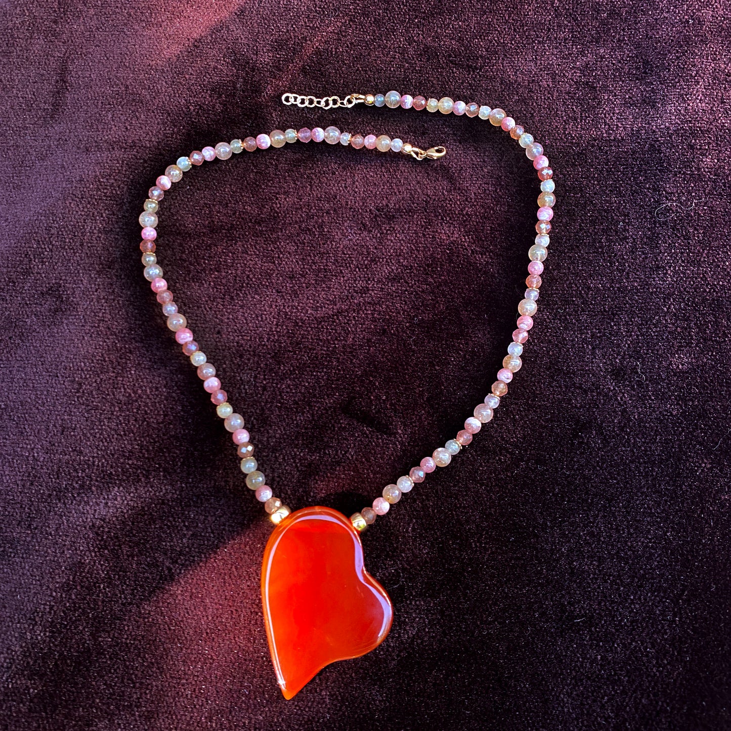 Carnelian Heart, Rhodochrosite, Lepidolite, and 14 Kt Rose Gf Necklace