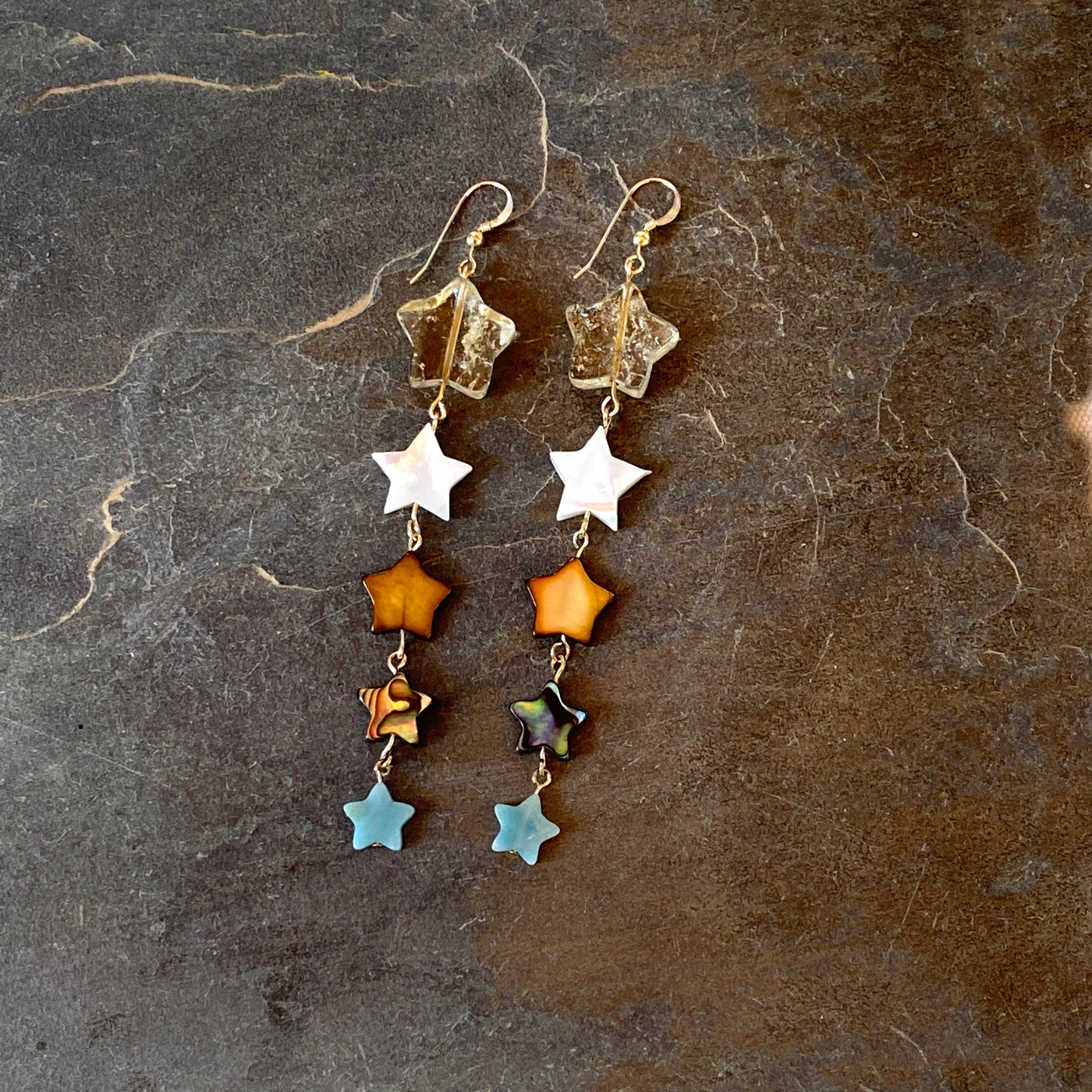 Citrine Gemstone Star with Mother of Pearl, Amazonite and Abalone Shell Drop Earrings