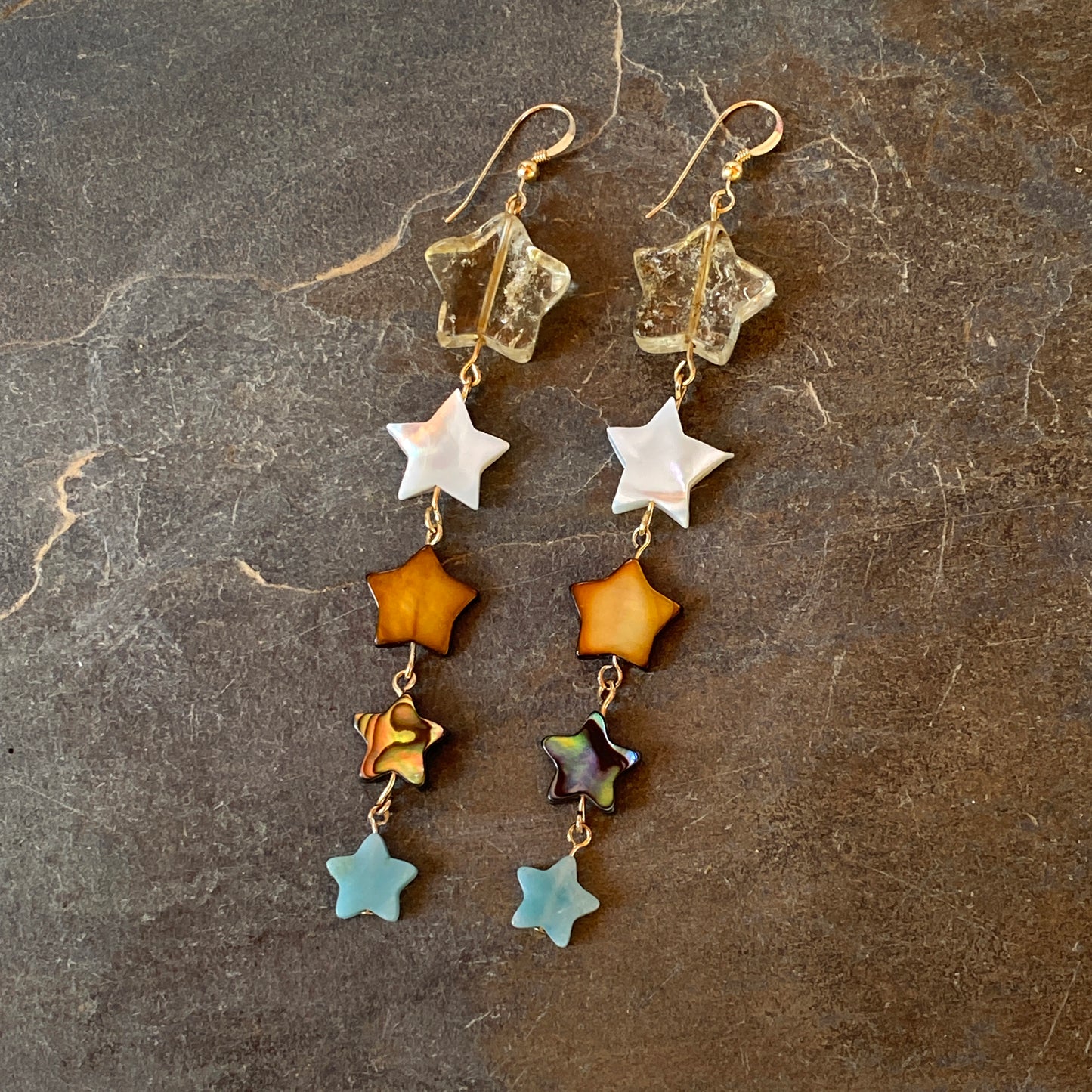 Citrine Gemstone Star with Mother of Pearl, Amazonite and Abalone Shell Drop Earrings