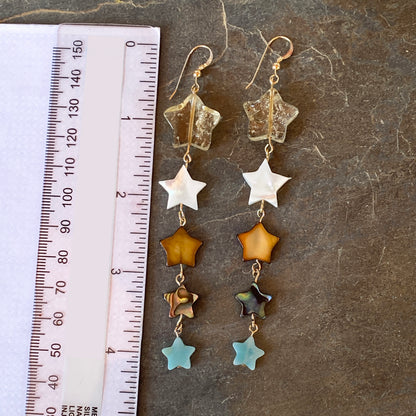 Citrine Gemstone Star with Mother of Pearl, Amazonite and Abalone Shell Drop Earrings