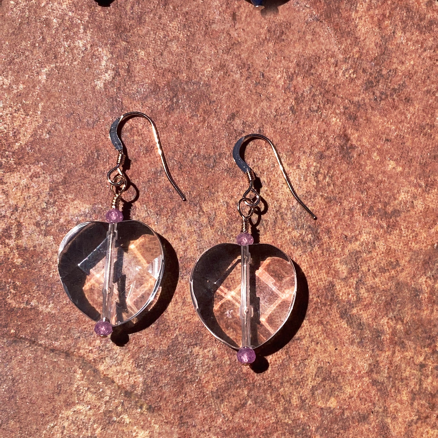 Women's Precious stone Pink sapphire & faceted Quartz Heart rose gold filled drop Earrings