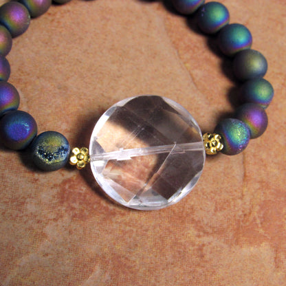 Clear Quartz Gemstone and Druzy Agate  7" stretch Bracelets